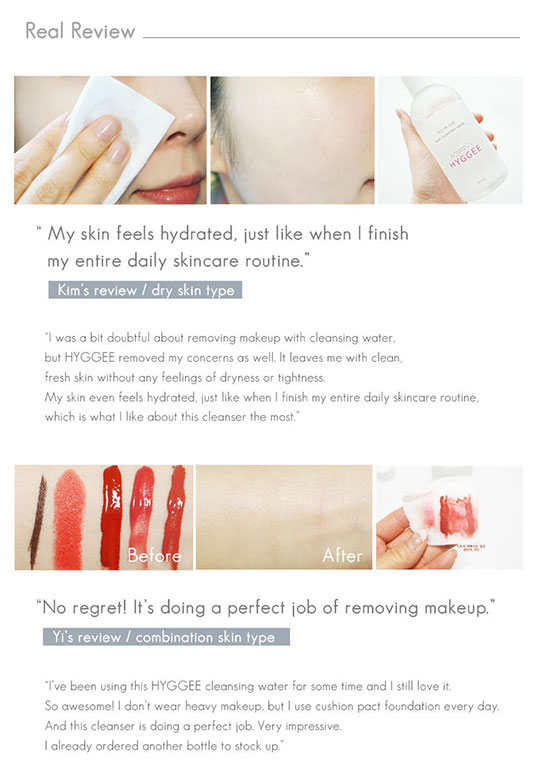 Hyggee All in One Care Cleansing Water customer review and feedback photos before and after
